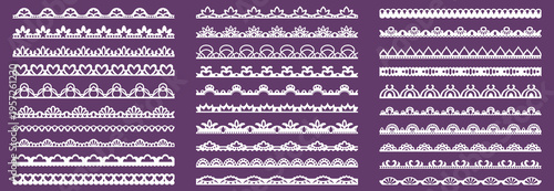 Lace border with delicate scallop patterns and elegant trim designs. Vector set of crochet edges, heart motifs and seamless ribbon lines for vintage embroidery frames and cute floral decorations.