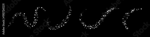 Magic silver dust light trail. Star sparkle trail shapes. Sparkling grey particles forming curved decorative arcs on dark background space. Festive vector illustration.
