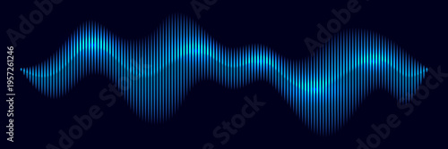 Sound wave. Blue music audio voice line with glowing vertical bars on dark. Music waveform in neon gradient style for audio visualizer, equalizer, DJ interface. Abstract vector illustration.