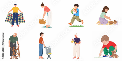 Collection of multi-generational family members preparing for an outdoor picnic, including children, parents, and grandparents, isolated on white background.