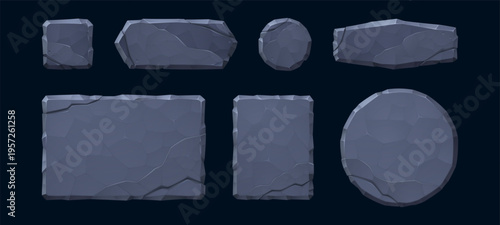 Stone game UI elements with rocky frames and buttons for jungle adventure apps. Cartoon texture plates, ancient aztec signs, fantasy boards and medieval interface icons for RPG menu design.