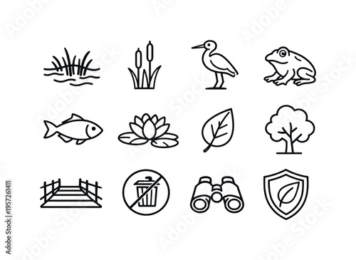 Wetland and shoreline protection. Line outline icon set of Wetland and shoreline protection: wetland, cattail,
