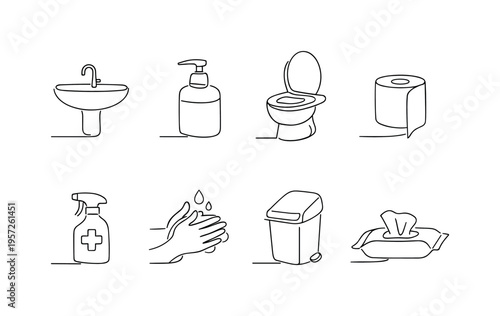 Minimalist Sanitation Icons. "Clean Sanitation Essentials". Minimalistic set one-line drawing sink, liquid