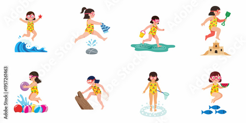 Set of cute vector illustrations of a little girl enjoying various summer beach activities like swimming, playing in sand, and jumping over waves.