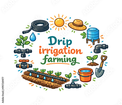 Drip irrigation farming. Hand drawn illustration of Drip irrigation farming. irrigation hose, water droplet,
