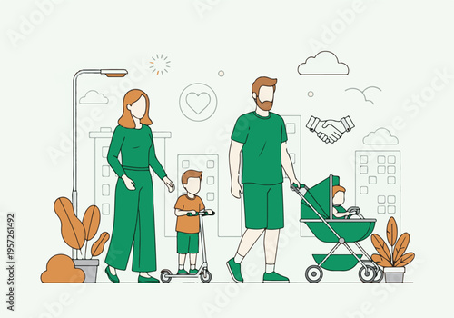 Happy family with parents, children, and baby stroller walking in city