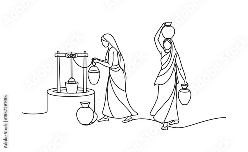 "Women Collecting Water". Minimalistic one-line drawing women carrying water containers from a village well,