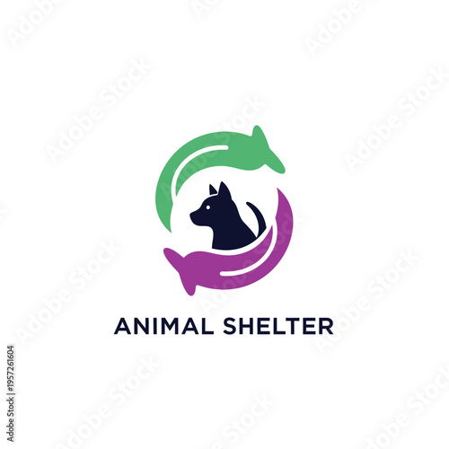 Dog head silhouette inside circular caring hands logo for local animal shelter rescue work