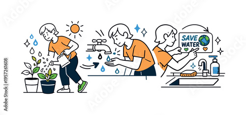 Smart water-saving routine. A person waters plants with a small can, checks a leaking faucet, and sets an eco