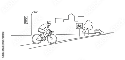 "City Bicycle Lane". Minimalistic one-line drawing cyclist riding in a dedicated bike lane beside simple city