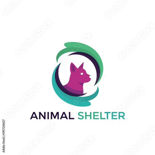Magenta cat head profile with colorful abstract swirl frame for pet shelter branding needs