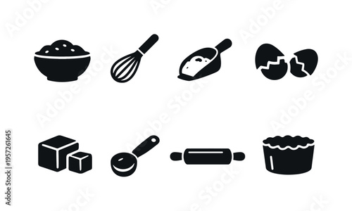 Easter bread baking process. Filled icon set of Easter bread baking process: dough in bowl, whisk, flour scoop