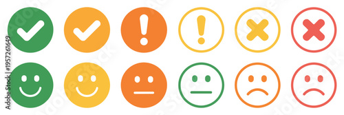 colored status icon collection, green yellow red circle buttons, checkmark cross alert and emoji symbols, feedback interface elements, notification and ui indicators, modern flat vector illustration.
