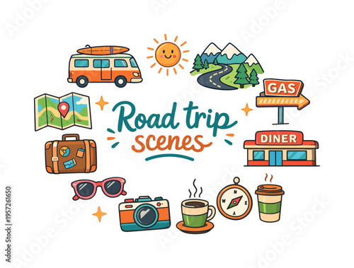 Road trip scenes. Hand drawn illustration of Road trip scenes. camper van, winding road, mountains, pine trees