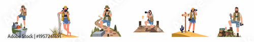 Set of flat vector illustrations of diverse photographers capturing stunning landscapes across various environments including mountains, beaches, forests, and deserts.