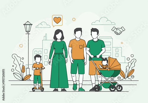 Diverse Family Strolling with Children and Baby in Urban Park Illustration