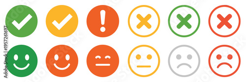 green yellow and red round icons set, check marks cross marks alerts and emoticons, feedback emoji buttons, exclamation points and x symbols, ui elements and status indicators, flat vector design.