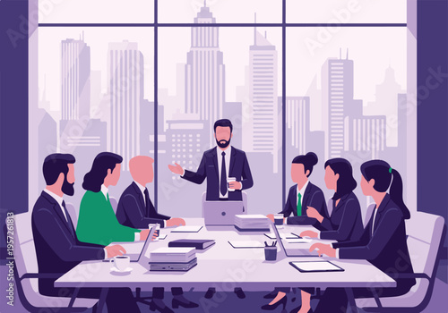 Business professionals meeting in modern office with city skyline view