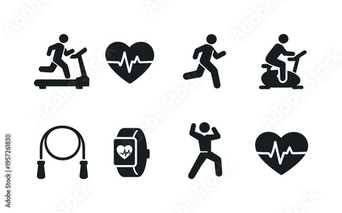 Cardio Workout. Filled icon set of Cardio Workout: treadmill running, heart pulse monitor, jogging person,