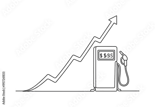 "Fuel Price Inflation Rise". Minimalistic one-line drawing fuel pump with a rising arrow and increasing price