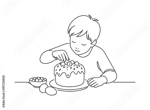 Easter Bread Decor. "Easter Bread Decorating Tradition". Minimalistic one-line drawing child carefully placing