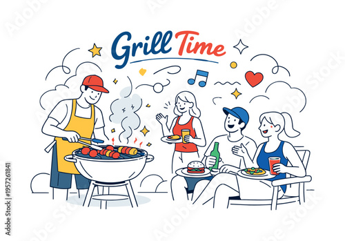 Summer grill party. A person cooking meat and vegetables on a barbecue grill while friends relax nearby with