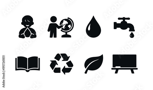 Children Water Education. Filled icon set of Children Water Education: child with water drop, teacher pointing