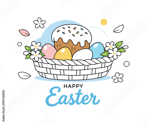 Easter celebration basket. Decorative basket with glazed holiday bread, spring blossoms tucked between the