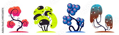 Set of cartoon trees with unusual shapes. Vector illustration. Game elements.