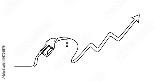 "Economic Inflation Fuel Impact". Minimalistic one-line drawing fuel nozzle transforming into an upward trend