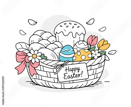 Holiday bread basket. Festive bread resting in a woven basket decorated with spring flowers, ribbons, and