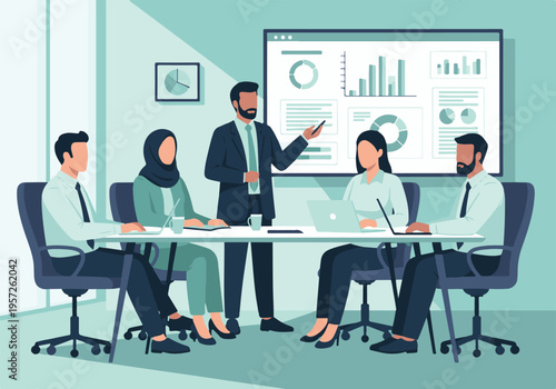 Diverse business team collaborating in a corporate meeting with data presentation