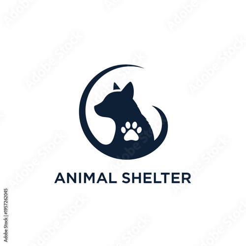 Modern animal shelter logo with cat silhouette and negative space paw print in a circle