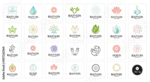 Collection of 32 diverse spa and beauty logos: floral, water drops, abstract designs