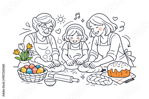 Generations baking Easter bread together. Grandmother, mother, and child knead soft dough at a bright kitchen