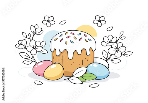 Festive Easter still life. Traditional Easter bread decorated with glaze and sprinkles, spring blossoms