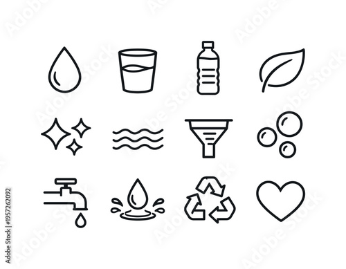 Fresh hydration and purity. Line outline icon set of Fresh hydration and purity: water drop, glass of water,