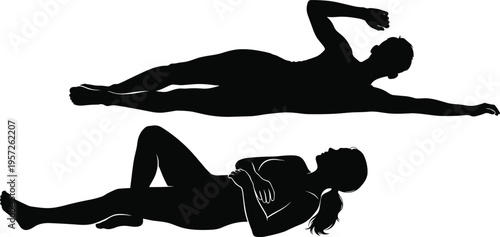 Human silhouette side lying positions illustration, body posture artwork, exercise and relaxation design concept, black and white vector template set