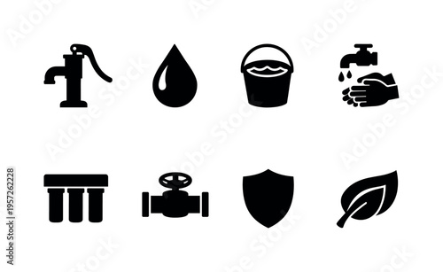 Water Sanitation Support. Filled icon set of Water Sanitation Support: water pump, clean droplet, bucket with