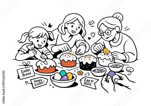 Decorating Easter bread with glaze and sprinkles. Three generations gather around the table, hands reaching in