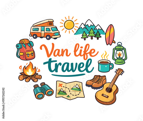 Van life travel. Hand drawn illustration of Van life travel. camper van, surfboard, mountains, pine trees,