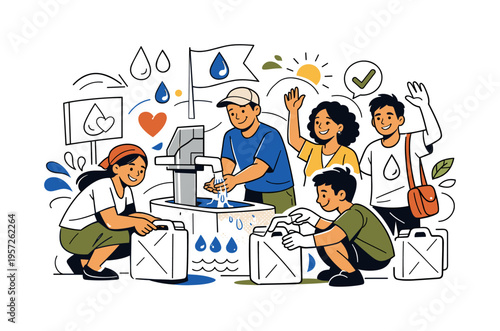 Supporting clean water for the community. A team gathers around a newly opened water point, filling jerry cans