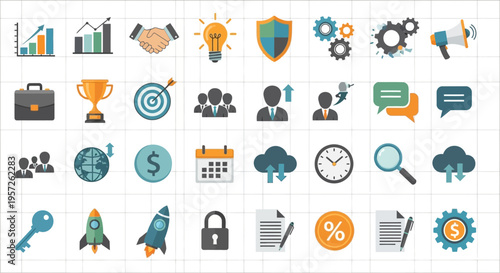 Business and Finance Icons Set: Growth, Success, Strategy, Technology, and Communication