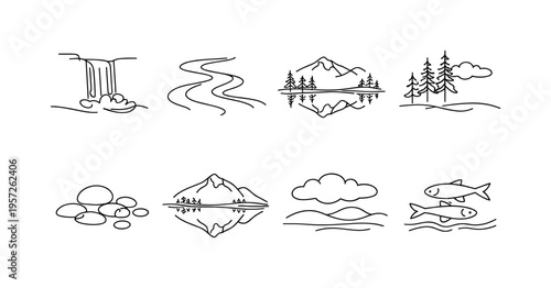 "Freshwater Natural Scenery". Minimalistic set one-line drawing waterfall cliff, winding river, calm lake,