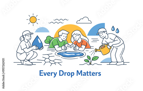 Water conservation campaign. People collecting water drops, watering plants carefully, and protecting a small