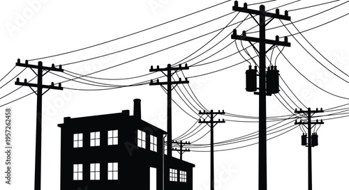 Industrial Building Silhouette with Electric Utility Poles and Network of Power Lines for Urban Infrastructure and Energy Distribution Design Project