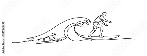 "Surfer Catching a Wave". Minimalistic one-line drawing person paddling then rising on a surfboard as a wave