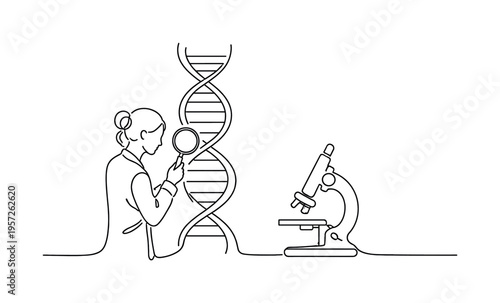 "DNA Genetic Analysis". Minimalistic one-line drawing scientist examining a DNA double helix with a laboratory