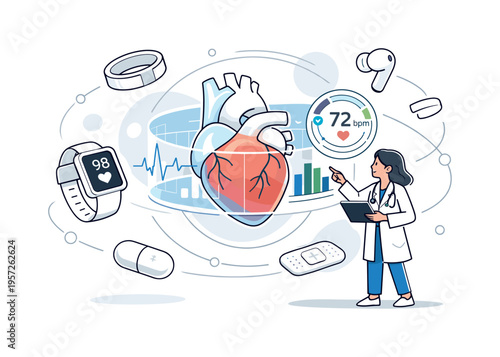 Digital Medicine Breakthrough. A healthcare professional analyzing a large holographic heart and medical