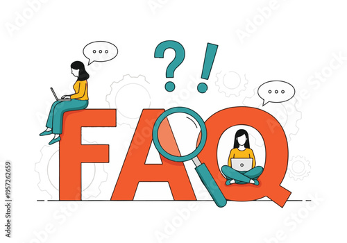 FAQ support and information concept with people, laptops, and search icon